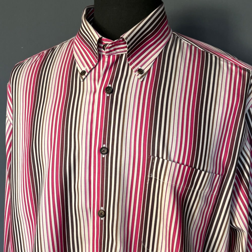 Paul Fredrick Non-Iron Cotton Striped Dress Shirt Pink Burgundy | Size Large